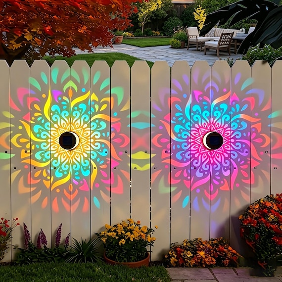 Colorful Peony Mandala Solar Wall Light, Outdoor Color Changing Garden Lamp, Waterproof Landscape Wall Sconce