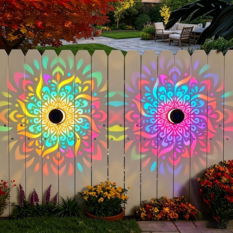 May include: Two circular solar-powered lights mounted on a white picket fence, projecting vibrant, multi-colored mandala patterns in shades of yellow, cyan, magenta, and purple onto the wooden slats, creating a glowing, symmetrical light display.