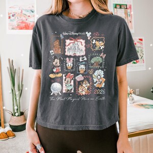 K&ouml;nnte beinhalten: Ein anthrazitfarbenes Kurzarm-T-Shirt mit einem Grafikdruck von Walt Disney World-Symbolen und Charakteren wie Mickey, Minnie, Donald, Daisy, Goofy sowie Chip und Chap, inklusive des Textes '2026' und 'The Most Magical Place on Earth'.