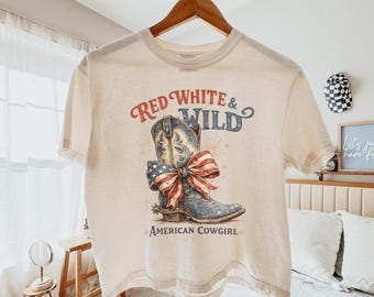 Comfort Colors® Retro Cowgirls Boxy Tee, Red White Wild Crop, Western Patriotic Crop Top, American Cowgirl Crop, 4th of July Western Crop