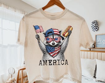 Comfort Colors® 4th Of July Raccoon Boxy Tee, Patriotic American Flag Crop Top, Retro USA Animal Crop, America Raccoon Hot Dog Crop Top,