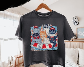 Comfort Colors® 4th of July Cats Boxy Tee, Patriotic Cats Crop, 250th Anniversary USA Crop, Funny USA Cat Crop, Independence Day Summer Crop