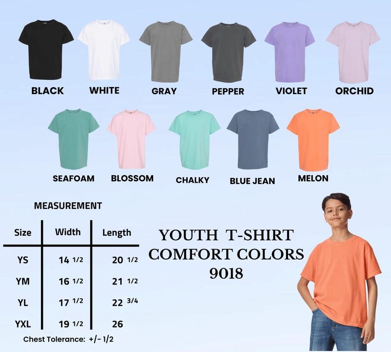 Pode incluir: Uma tabela de cores para camisetas Youth Comfort Colors 9018 com onze cores s&oacute;lidas: preto, branco, cinza, pimenta, violeta, orqu&iacute;dea, espuma do mar, flor, giz, jeans azul e mel&atilde;o. Uma tabela de tamanhos mostra larguras e comprimentos em cm de YS a YXL.