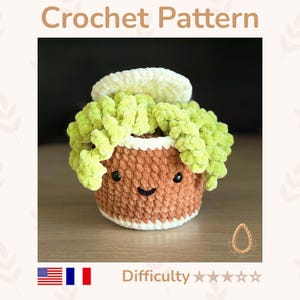 Peut inclure: Un modèle de crochet représentant un pot cylindrique en peluche marron avec une base et un bord blancs, un visage souriant aux yeux noirs, et une plante bouclée vert clair texturée. Le texte indique Crochet Pattern et Difficulty.