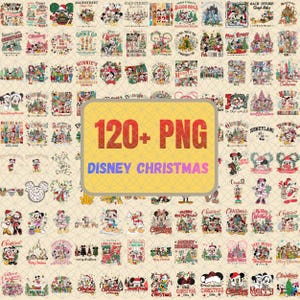 May include: A digital collection of over 120 PNG files featuring various Disney-themed Christmas illustrations. The central yellow rectangular graphic displays the bold red text 120+ PNG and the blue text DISNEY CHRISTMAS on a light background.