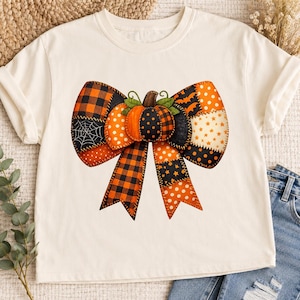 Halloween Patchwork Pumpkin PNG, Bow Patchwork Bat & Ghost Design, Quilt Spooky Season Sublimation, Trendy Digital Download,Trendy,Viral Png