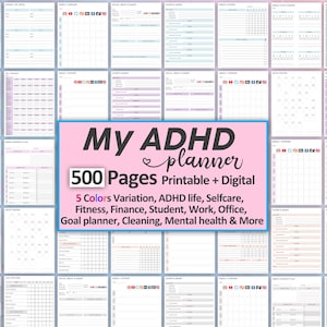 May include: A digital and printable planner set titled My ADHD planner with 500 pages. The collection features five color variations including blue, purple, pink, peach, and gray, with various templates for self-care, fitness, finance, and work.