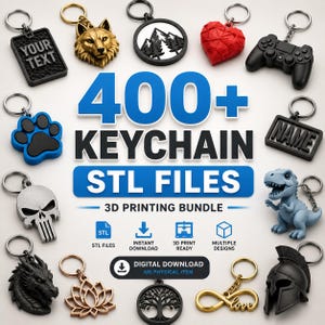 Può includere: Una collezione di vari portachiavi stampati in 3D tra cui una testa di lupo, cuore, controller, zampa, teschio, dinosauro, drago, loto, albero, segno di infinito e casco, con il testo 400+ KEYCHAIN STL FILES 3D PRINTING BUNDLE.
