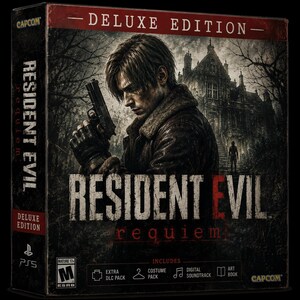 May include: A Resident Evil Requiem Deluxe Edition video game box for PS5. The cover features a man in a brown jacket holding a handgun, with a dark mansion in the background. Text includes Resident Evil, Requiem, Deluxe Edition, and Capcom.