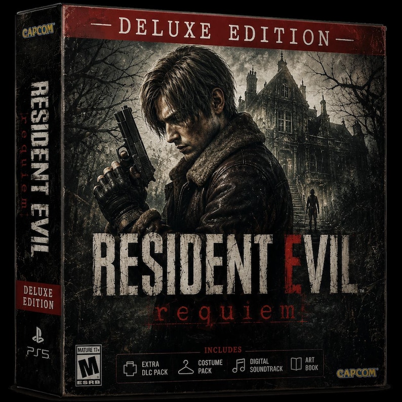 May include: A Resident Evil Requiem Deluxe Edition video game box for PS5. The cover features a man in a brown jacket holding a handgun, with a dark mansion in the background. Text includes Resident Evil, Requiem, Deluxe Edition, and Capcom.