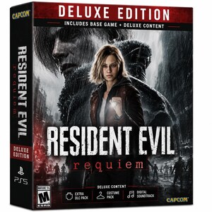 May include: A Resident Evil Requiem Deluxe Edition video game box for PlayStation 5. The cover features a central character holding a flashlight, with a dark, rainy city background. Text includes Deluxe Edition, Includes Base Game + Deluxe Content.
