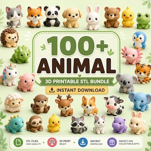 May include: A digital collection of 100+ animal 3D printable STL files featuring various cartoon-style creatures including a cat, fox, panda, dog, rabbit, bear, chick, frog, hedgehog, dinosaur, unicorn, pig, sheep, otter, deer, and koala.