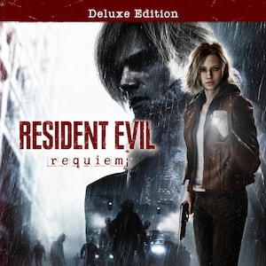 May include: A video game cover for Resident Evil Requiem Deluxe Edition featuring a large, shadowed face in the background and a person in a brown leather jacket holding a flashlight and a handgun in the foreground, set against a rainy city scene.