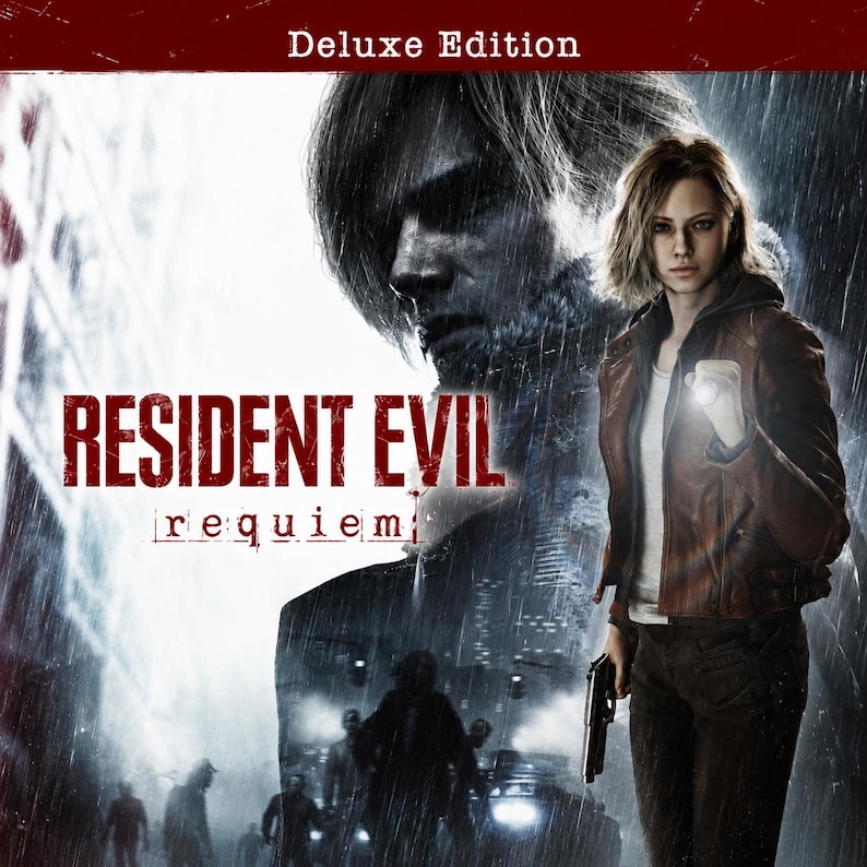 May include: A video game cover for Resident Evil Requiem Deluxe Edition featuring a large, shadowed face in the background and a person in a brown leather jacket holding a flashlight and a handgun in the foreground, set against a rainy city scene.