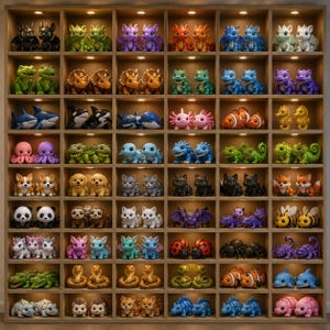 May include: A large wooden shelving unit with many cubbies, each containing a pair of identical small animal figurines. The collection includes dragons, sharks, pandas, bees, and various other creatures, all illuminated by individual warm lights.