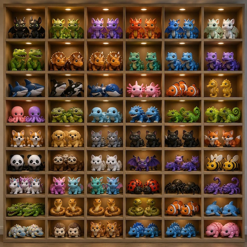 May include: A large wooden shelving unit with many cubbies, each containing a pair of identical small animal figurines. The collection includes dragons, sharks, pandas, bees, and various other creatures, all illuminated by individual warm lights.