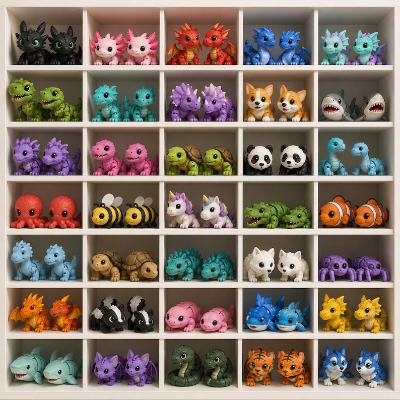 May include: A white grid shelf containing thirty-five pairs of small, articulated plastic animal and creature figurines. The collection includes dragons, dinosaurs, turtles, pandas, bees, unicorns, sharks, and various other colorful fantasy creatures.