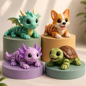 May include: Four articulated animal figurines including a light green dragon with yellow horns, an orange and white corgi, a light purple axolotl with prominent gills, and a green turtle with a brown shell, each displayed on a cylindrical base.