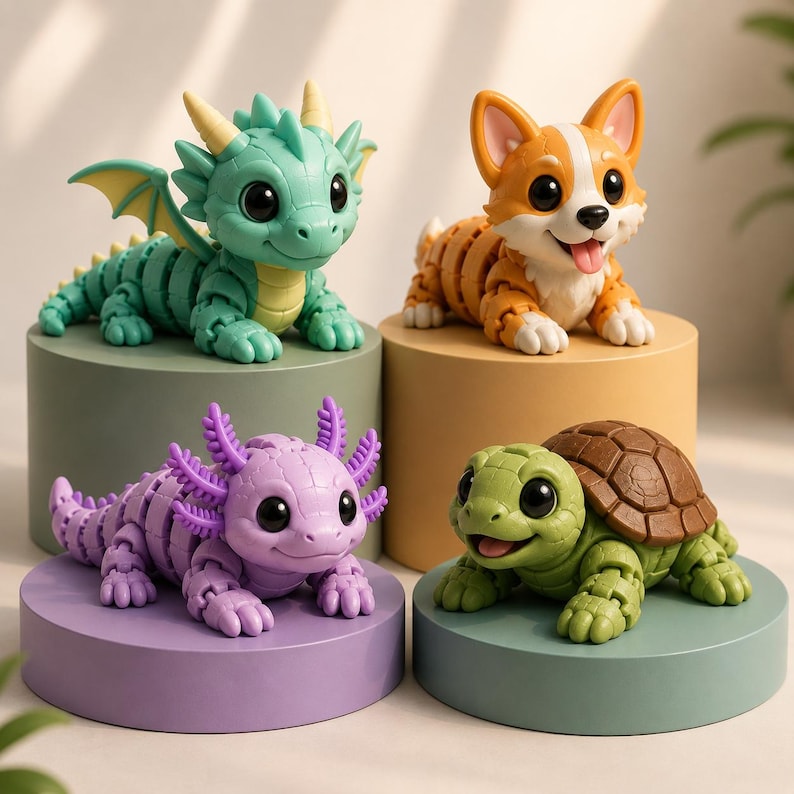 May include: Four articulated animal figurines including a light green dragon with yellow horns, an orange and white corgi, a light purple axolotl with prominent gills, and a green turtle with a brown shell, each displayed on a cylindrical base.
