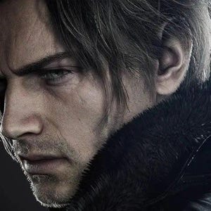 May include: A digital portrait of a person with light brown hair, a sharp jawline, and light eyes, wearing a dark jacket with a prominent black faux fur collar. The lighting is dramatic, highlighting the facial features against a dark background.