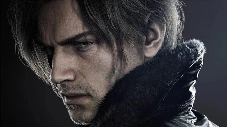 May include: A digital portrait of a person with light brown hair, a sharp jawline, and light eyes, wearing a dark jacket with a prominent black faux fur collar. The lighting is dramatic, highlighting the facial features against a dark background.