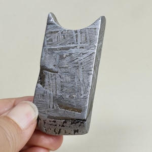 May include: A metallic meteorite fragment with a distinct Widmanstätten pattern of intersecting crystalline lines. The object has a dark gray, textured surface and a curved, notched top edge, showcasing the natural iron-nickel structure.