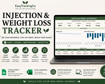 Registro de pérdida de peso / Tirzepatida / Registro de inyecciones de semaglutida / Panel de control de Google Sheets y Excel