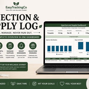 Puede incluir: Un panel digital de registro de inyecciones y suministros en la pantalla de una computadora portátil. La interfaz incluye secciones para el seguimiento de medicamentos y la gestión de inventario. Texto: EasyTrackingCo, Injection & Supply Log.