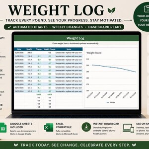 Può includere: Un foglio di calcolo digitale per il registro del peso visualizzato sullo schermo di un computer portatile, contenente una tabella di dati con date, pesi e variazioni settimanali, insieme a un grafico a linee che mostra i trend.