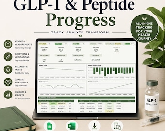 Registro de pérdida de peso con GLP-1 / Tirzepatida / Registro de inyecciones de semaglutida / Panel de control de Google Sheets y Excel