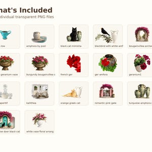 Peut inclure: Une collection de 17 fichiers PNG transparents individuels intitulée What's Included, présentant des illustrations numériques d'éléments méditerranéens tels que des amphores turquoise, des chats, des géraniums et des arches de bougainvilliers.