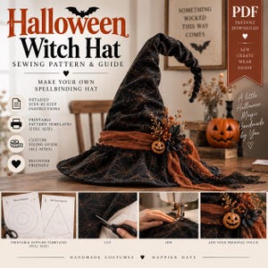 Puede incluir: Un sombrero de bruja negro con un patrón de telaraña de color cobre, envuelto en una banda de tela naranja deshilachada, decorado con pequeñas bayas naranjas y un dije de calabaza. La imagen incluye texto para un patrón de costura.