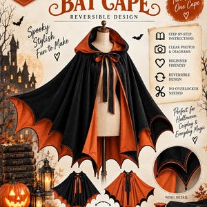 May include: A digital PDF sewing pattern for a reversible Halloween bat cape. The cape features a hooded design with scalloped wing-like edges in black and orange. The pattern includes step-by-step instructions, diagrams, and photos for construction.