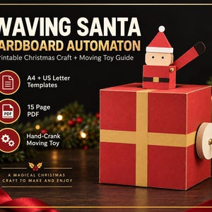 Waving Santa Cardboard Automaton, Printable Christmas Craft PDF, Moving Santa Toy Template, DIY Holiday Gift