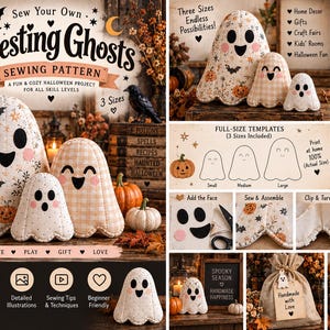 Puede incluir: Un patrón de costura digital para tres tamaños de fantasmas anidados, que incluye instrucciones, plantillas a tamaño real y fotos de fantasmas de tela terminados con estampados de calabazas, murciélagos, mejillas rosas y caras de fieltro.