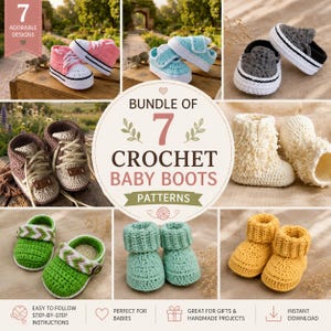 May include: A collection of seven crochet baby boot patterns displayed in a collage. The images feature various styles including high-top sneakers in pink, blue, and brown, slip-on shoes in gray, white booties, green sandals, and yellow booties.