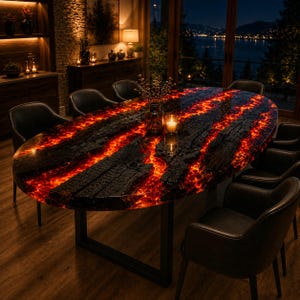 Könnte beinhalten: Ein ovaler Esstisch mit einer dunklen, verkohlten Holzoberfläche und leuchtend orangefarbenen sowie roten Harzkanälen, die an fließende Lava erinnern. Der Tisch steht auf einem schwarzen Metallgestell und ist von sechs schwarzen Polstersesseln umgeben.