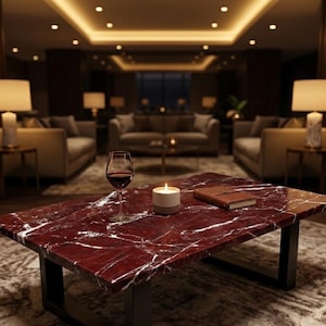 May include: A rectangular coffee table with a deep red marble top featuring white veining and black metal legs. On the surface sits a stemmed glass filled with red wine, a small lit cylindrical candle in a two-tone holder, and a brown leather notebook.