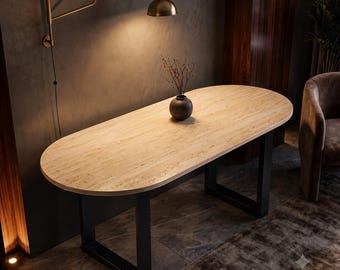 Mesa consola de travertino, mesa de entrada moderna, mesa consola ovalada de piedra, mesa de pasillo de lujo, mesa de sofá minimalista, hecha a mano [solo tablero de mesa]