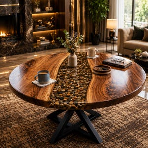 Peut inclure: Une table basse ronde en bois dotée d'une incrustation centrale de style rivière remplie de galets lisses et multicolores enrobés de résine transparente. La table présente une surface en bois poli et repose sur une base en métal noir en X.