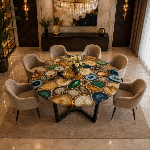 Agate Dining Table Multicolor Gemstone Mosaic Round Top Gold Veining Luxury Statement Furniture