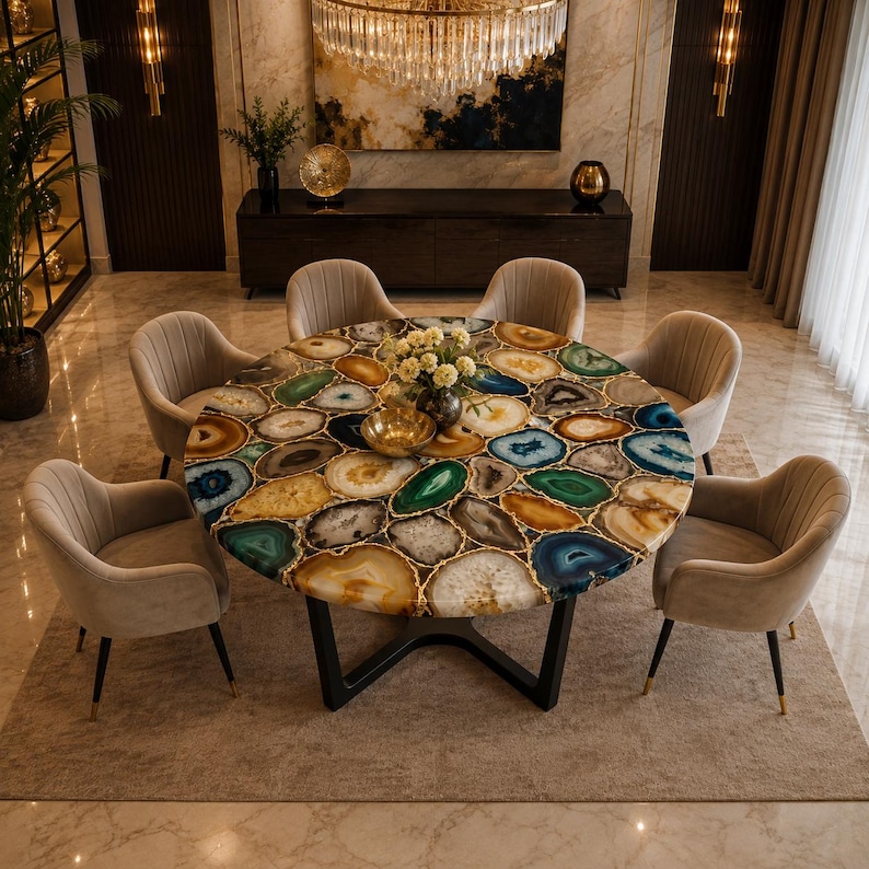 Multicolor agate dining table with natural gemstone mosaic top and gold veining
Round agate stone dining table with black sculptural metal base
Luxury gemstone dining table featuring polished colorful agate slices