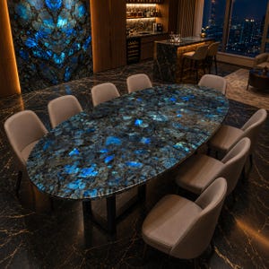 Puede incluir: Una mesa de comedor ovalada con una superficie de losa de piedra preciosa pulida en azul y negro con vibrantes inclusiones azules iridiscentes, apoyada sobre una base de metal negro, rodeada por ocho sillas tapizadas en beige claro con respaldos curvos.