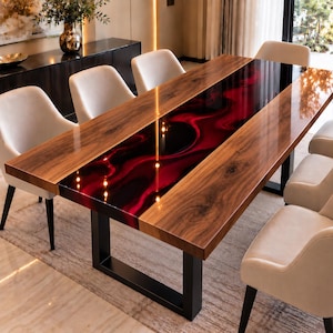 May include: A rectangular dining table featuring two natural wood slabs with a glossy finish, separated by a central river-style inlay of swirling deep red and black resin. The table is supported by a black metal frame and surrounded by six chairs.