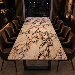 Op de afbeelding: Een rechthoekige eettafel met een wit en bruin marmeren blad met opvallende donkere aders, ondersteund door een zwart metalen onderstel. Acht gestoffeerde donkergrijze stoelen met gebogen rugleuningen staan rond de tafel.