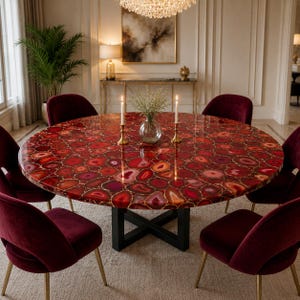 Mesa de comedor de ágata, mesa de piedra de ágata roja, mesa de comedor redonda de piedras preciosas, muebles de lujo hechos a mano, mesa moderna de diseño.