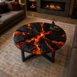 May include: A round coffee table featuring a top made of charred black wood segments embedded in a vibrant orange and yellow resin that mimics flowing lava. The table is supported by a black metal base with a cross-shaped design.