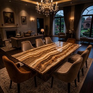 Mesa de comedor de ónix marrón: Piedra natural de lujo, acabado pulido, mobiliario moderno (solo tablero).