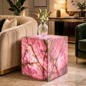 Pink Onyx Side Table Handmade Luxury End Table Natural Gemstone Accent Table Modern Cube Pedestal Living Room Furniture