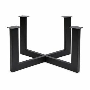 May include: A black metal table base featuring a cross-shaped frame with four vertical legs. Each leg is topped with a flat square mounting plate containing four pre-drilled holes for attachment, constructed from solid matte black steel tubing.